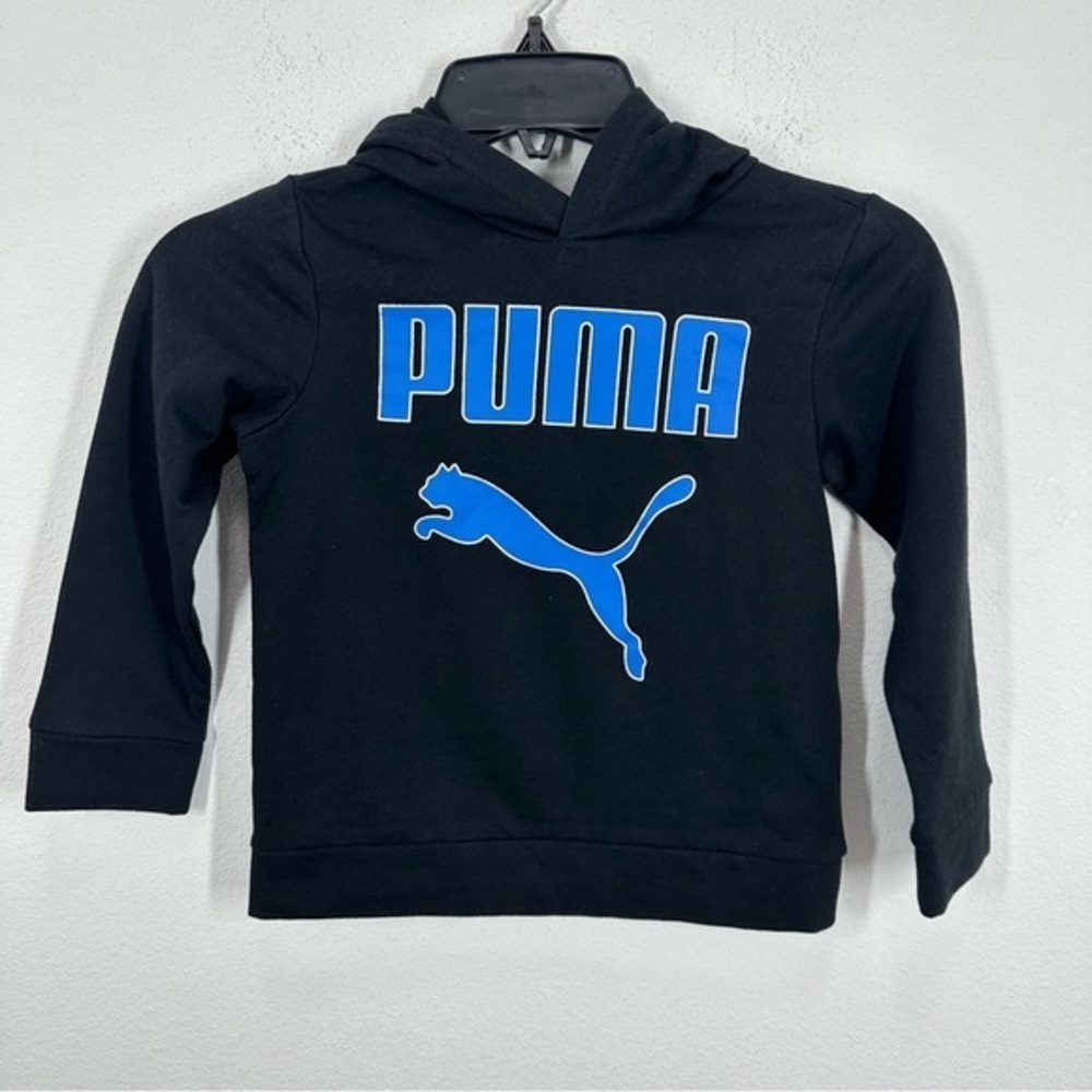 Puma Kids Size 5 Hooded Pullover Sweatshirt Black Blue Graphic Back to School